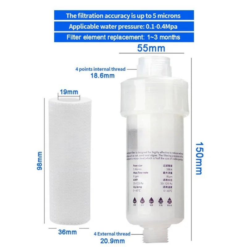 5'' PRE FILTER Water Filter Cartridge Washing Machine Filter with Adapter Bathroom Water Heater Toilet Household Purifier